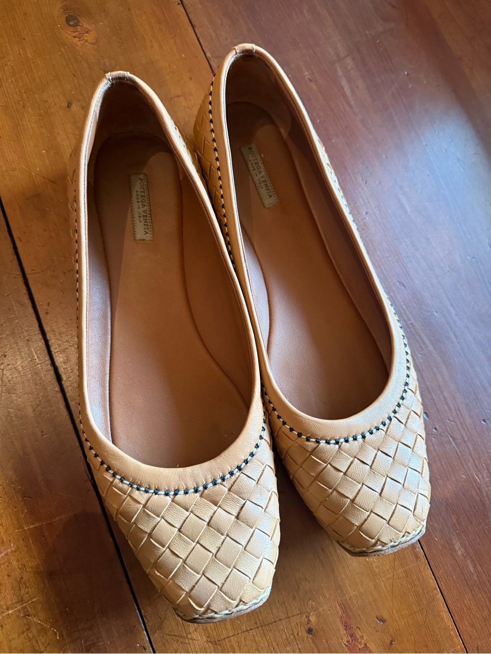 Bottega Veneta Made in Italy Woven Light Brown Leather Ballet Flats